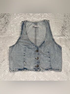 ZARA Denim Vest Cropped Button Front Washed Light Blue Jean Vest Y2K Women’s XS